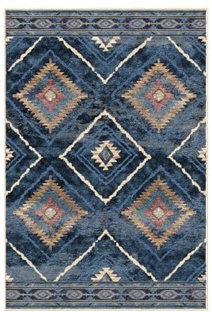 DEFYNEE Teppich Wohnzimmer 90 x 150 cm – Waschbarer Kurzflor Teppich, rutschfest, Vintage & Boho Stil, Pflegeleicht – Für Flur, Wohnzimmer, Schlafzimmer & Esszimmer, Dunkelblau