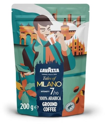 Lavazza, Tales of Milano, Coffee Ground, Ideal for Moka Pots, with Aromatic Notes of Honey and Dried Fruit, 100% Arabica, Intensity 7/10, Light Roasting, 200 g