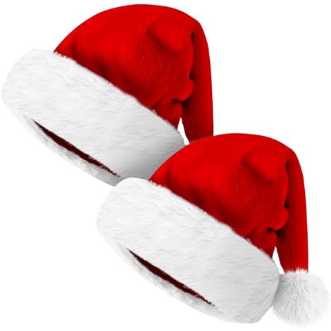 Giggling Getup Weihnachtsmützen, 2er-Pack Premium-Weihnachtsmützen aus rotem Plüsch-Samt mit Bommeln, Einheitsgröße für Erwachsene und Kinder als Weihnachtsfeiergeschenk