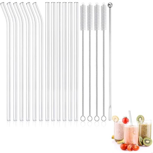 Pailles en Verre Réutilisables, 12pc Paille de Verre, Verre Transparente avec Brosses, Pailles Courbées en Verre, Grosse Pailles en Verre, pour Bubble Tea, Smoothie, Cocktail, Jus, Eau Claire