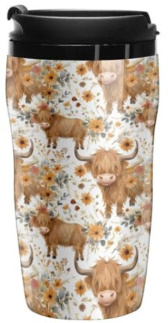 Highland Cow Print Coffee Mug Portable Travel Coffee Cup Water Bottle Tea Cup with Flip Lid for Women Men 250ml
