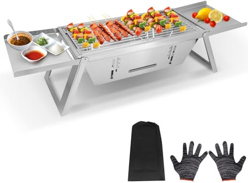 Seahelms Portable BBQ Grill Folding Barbecue Grill Stainless Steel Barbeque Grill Charcoal Grill with Carry Bag for Outdoor,Camping,Cooking, Picnic,Patio,Travel,17''x 9''x 7''