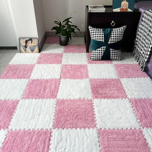 10pcs Moquette à emboîter Moquette Moelleux Tapis de Jeu Carré, Tapis de Sol en Mousse en Peluche avec Bord Carreaux imbriqués Protection de Sol Puzzle (Size : 0.23 Pouces (Color : Rose+Wei)