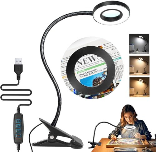 YeahBoom Loupe avec lumière et support, lampe loupe LED avec pince, lampe loupe grossissante, lampe loupe éclairée LED, lampe de travail pour travaux manuels, loisirs, peinture, fermeture