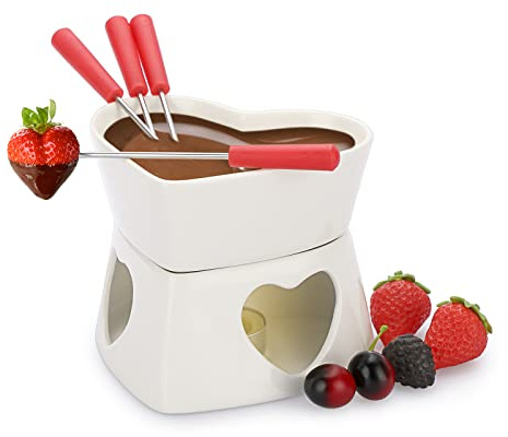 BSTKEY 320ml Ceramic Butter Cheese Fondue Pot Set with 4 Red Forks, White | Heart Shape Chocolate Caramel Melting Pot Decorative Milk Fondue Set Tea Light Candle Warmer for Party Gathering (No Candle)