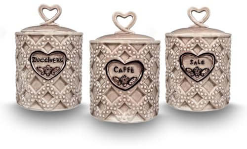 ARCA, Set 3 Barattoli per Sale, Zucchero e Caffè, Tris di Contenitori da Cucina in Ceramica Lavorata, Lavabili in Lavastoviglie, 10x15 cm, Fantasia Vintage, Colore Tortora