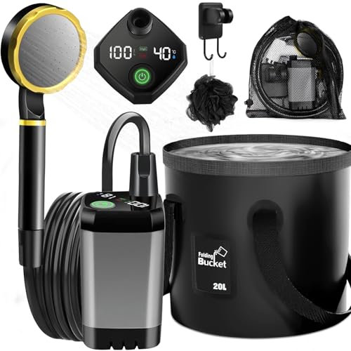 ITMNMNL Ducha Portatil Camping,6000mAh Ducha Portatil,IPX7 Impermeable Recargable Ducha,Ducha Móvil Portátil,con Cabeza de Ducha y Manguera de 2 M,Cubo Plegable,para Jardín,Playa,Acampar
