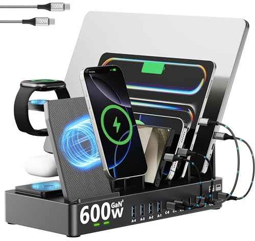 600W Charging Station for Multiple Devices, 15 in 1 Wireless Charger with 2 Pack 100W USB C Charging Cable, Dual USB C Charging Station for MacBook, iPhone, iPad, Tablet