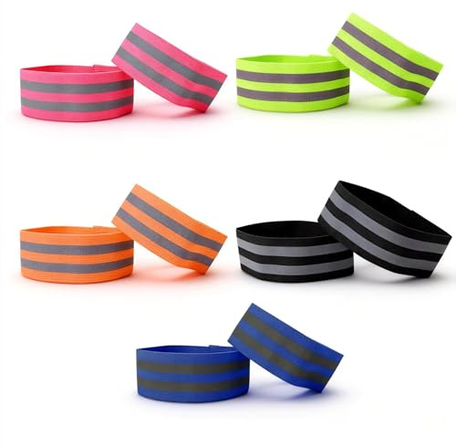 DIYCUT 10 Stück Doppel Reflektorbänder, Reflektorband Klettband in 5 Farben | Verstellbares Elastisches Hosenklammer Fahrrad, für Unterschenkel und Arme Geeignet Joggen, Wandern und Radfahren im Freien