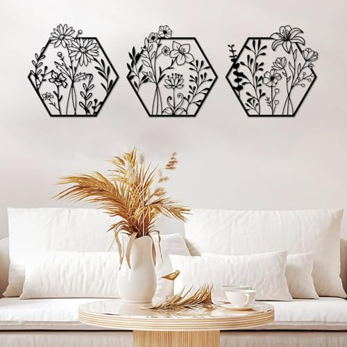 ESTART 3 Stück Metall-Blumen-Wanddekoration | minimalistische Blumenwanddekoration, abstrakte Linie florale Wandkunst für Schlafzimmer, Badezimmer, Wohnzimmer (Schwarz)