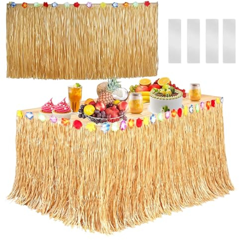 Fonyiunce Hawaii Tischröcke, 275cm*75cm, Mit 4-Beidseitigen Aufklebern, Gras Tischrock mit Mehrfarbe Blumen, Hawaii Party Deko, Luau Gras Tischrock Natürliche, für Tropische Hawaii Party Dekorationen