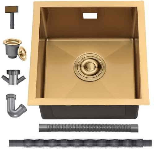 BoomHoze Fregadero Cocina 45 x 45 cm, Fregadero Acero Inoxidable, Oro | Fregadero Compatible Instalación sobre, bajo y a fleur de Encimera, Incluye Rebosadero y Cesta Filtro