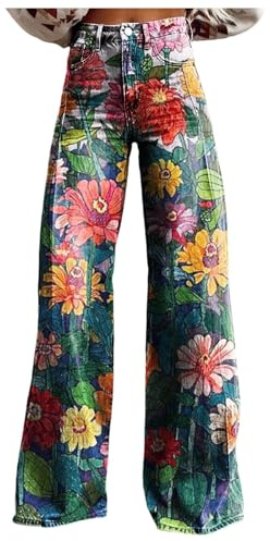 Generisch Baggy Jeans Damen 70er Jahre Hippie Bedrucktes Jeanshose Hohe Taille Jeanshosen Weites Bein Bootcut Schlaghose Y2K Oversized Denim Hose Breite Beine Stretch Modisch Freizeithose mit Taschen