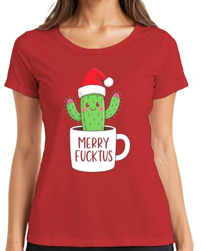 T-shirt humoristique avec inscription « Merry FUCKTUS » - Motif cactus de Noël, rouge, S