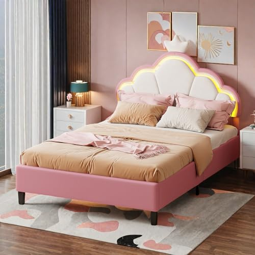 SHAODENG LED Bett 90x200 Einzelbett für Mädchen, Bettgestell mit Höhenverstellbar Kopfteil in Kronenformung und Lattenrost, Mädchenbett Jugendbett aus Rose Samt, ohne Matratze
