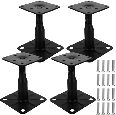 Lot de 4 supports de poteau, 100 à 150 mm, galvanisés, hauteur réglable, avec 16 vis, en acier galvanisé, pied de support pour terrasses, clôtures, abris, pergolas, travaux de construction