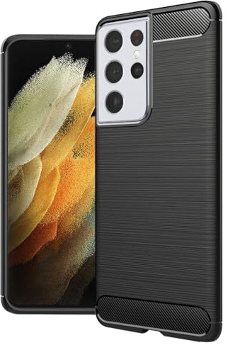 Techsuit für Samsung Galaxy S21 Ultra 5G Hülle mit Schlanke Passform, Anti Fingerabdruck, Carbonfaser Textur, Erhöhte Kanten, Kameraschutz, Präzise Aussparungen, CarbonFiber Series, TPU, Schwarz