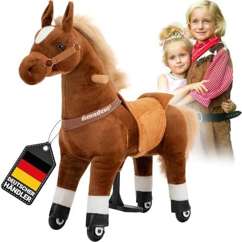 Miweba Pony Amadeus | Reitpferd auf Rollen | 3-5 Jahre (Small) | Pferd für Kinder | Schaukelpferd | Schaukeltier | Kuscheltier | Spielpferd zum Reiten | Plüschtier | Stehpferd