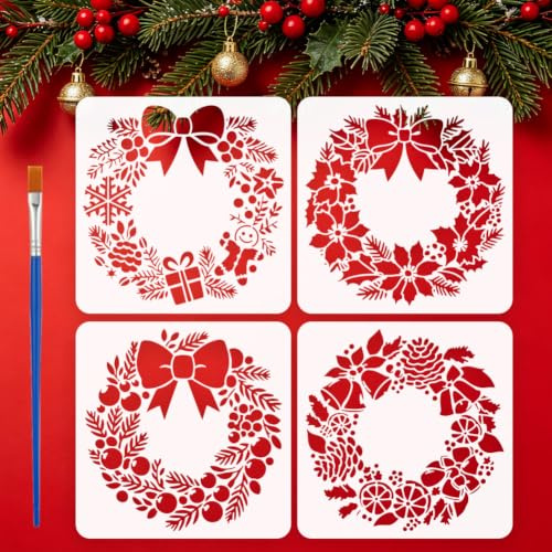 FINGERINSPIRE 4 Stück Weihnachtskranz Schablonen Mit Pinsel 15x15cm 4 Designs Stechpalmenkranz Mit Schleife Tannenzapfen Weihnachtsstern Weihnachtsmotiv Vorlage Zum Bemalen von Holz Wänden DIY Bastel