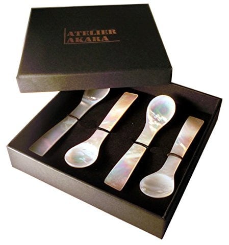 Löffel aus Perlmutt, 11 cm groß, Set 4 Stück in Geschenk-Schachtel. Für Eier oder Kaviar