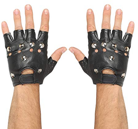 W WIDMANN MILANO Party Fashion 46903 - Fingerlose Nietenhandschuhe, Lederlook, Rocker, Punk, Biker, Accessoire, Karneval, Mottoparty