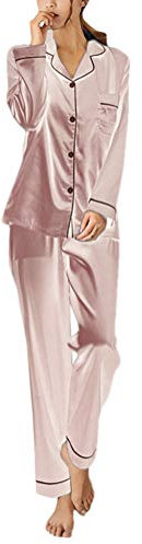 ORANDESIGNE Femmes Ensemble Pyjama en Satin Manche Longue Vêtements de Nuit 2 Pièces Col-V Top Bouton et Pantalon Printemps Automne A Rose FR 38