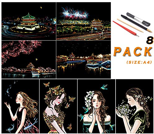 SiYear Rainbow Scratch Malpapier, City Series Night Scene, Scratch Painting Kreatives Geschenk, Scratchboard für Erwachsene und Kinder, mit 4 Werkzeugen, Größe: 11,7 '' x 8,3 '' (8Pack)