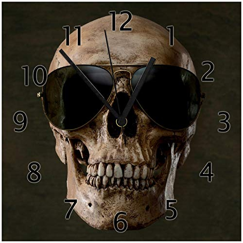 Wallario Design-Wanduhr Totenschädel mit Cooler Sonnenbrille aus Glas, Motiv-Uhr Größe 30 x 30 cm, Schwarze Zeiger