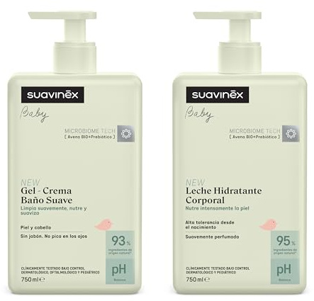 Suavinex, Syndet Baby-Shampoo für Haut und Haar, ohne Seife, 750 ml + feuchtigkeitsspendende Körperlotion, 750 ml, geeignet für empfindliche und neugeborene Haut, mit 90%-93% natürlichen