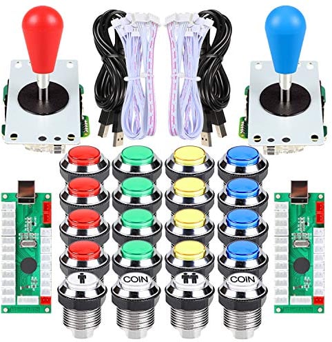 Fosiya 2 Giocatori Arcade Kit Fai da Te Arcade Ellisse Stile Ovale 8 Modi Bat Joystick + LED Pulsanti Arcade cromati per Videogiochi Mame PC Windows Raspberry Pi 3 4 (Mix Color)