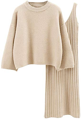 Minetom Damen Gestrickt Kleid Set Oberteil Pullover Pulli und Kleid Bodycon 2 Teiliges Sweater Langarm Strickkleid Pullikleid Minikleid Khaki Einheitsgröße