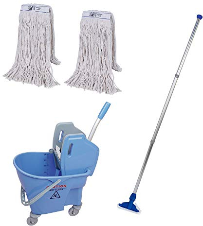 Abbey Professional Heavy Duty Kentucky Mop Handle and Bucket with two 450g Kentucky Mop Heads – Commercial Mop and Bucket Set for Cleaning Hard Floors - Kentucky Mop Bucket 25 – Blue