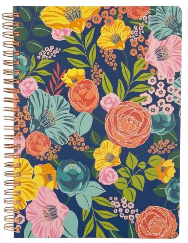 Steel Mill & Co Cute Floral Mini Spiral Notebook, 8.25 x 6.25 Journal with Durable Hardcover and 160 Lined Pages, Garden Blooms (Navy)
