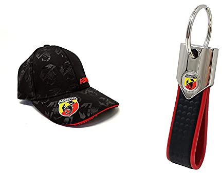 ABARTH 21733 schwarzer Hut mit gebogenem Visier, Black, One Size & offizieller Schlüsselanhänger, kohlefaser Look und rot