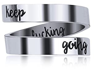 Yifnny Gravierter Offener Ring, Edelstahl Verstellbarer Wickelring Inspirierender Ring mit Graviert Keep Going Persönlichkeit Ermutigungs Geschenk für Frauen Männer (Keep Going-Silber)