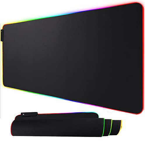 HIHUHEN Gaming Mouse Pad Large, Oversized 10 Lighting Mode Thick Glowing LED Extended Mousepad ,Non-Slip Rubber Base Computer Keyboard Pad Mat (80x30RGB Black)