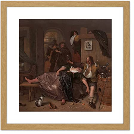 Artery8 Steen The Drunken Couple Beer Wine Painting 9X9 Inch Square Wooden Framed Wall Art Print Picture with Mount