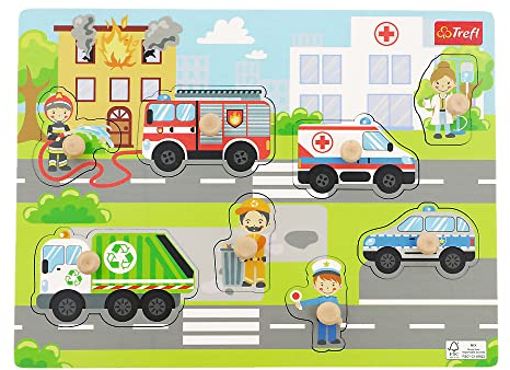 Trefl - Puzzle City, Wooden Toys - Holzspielzeug, Formpuzzle für Kleinkinder, Umweltfreundliches Naturholz, Safe Spielzeug für Jahre, für Kinder 18 Monate