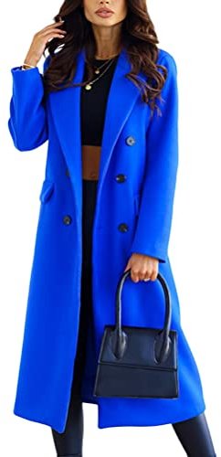 shownicer Damen Mantel Elegant Lang Wollmantel Mode Langarm Umlegekragen Einfarbig Trenchcoat Warme Outwear Herbst Winter Jacke mit Gürtel D Blau M