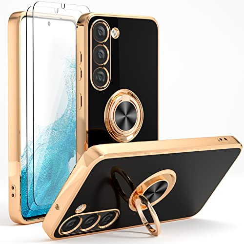 YIRSUR Case Compatible with Samsung Galaxy S23 with 2 Pack Screen Protector, with Ring Holder Plating Rose Gold Edge 360° Kickstand Cover Slim Soft Flexible TPU Protective for Samsung S23 -Black