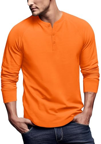 Henley T Shirt Mens Long Sleeve(Orange,L)