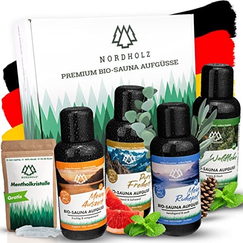 NORDHOLZ® Saunaaufguss Set - Premium Qualität [5x100ml - Best of 5] besonderes & natürliches Sauna Aufgussmittel für intensiven Duft - Sauna Zubehör für Saunafan's
