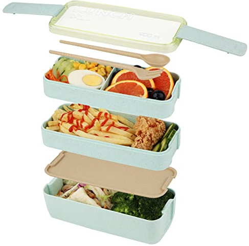 Macco Lonchera Bento, lonchera 3 en 1 con juego de cubiertos, cajas de almacenamiento de alimentos a prueba de fugas, lonchera de 3 niveles para preparación de comidas Bento para niños y adultos