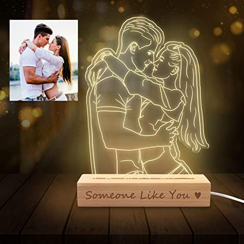 Lampada Personalizzata con Foto 3D Personalizzato Ritratto Illusione Luce Notturna con Immagine Incisa Base Legno Placca Acrilica per Uomini Donne San Valentino Anniversario Regalo di Compleanno
