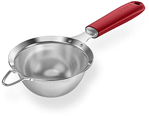 18/8 Stainless Steel Mesh Sieve: U-Taste Kitchen Metal Fine Mesh Sieve Strainer with Riveted Sturdy Silicone Handle and 30 Mesh Hole for Straining Flour, Tea, Coffee, Juice (Red, 9.9 cm)