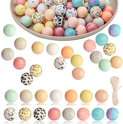 Glorlliant 100 Pièces 15mm Silicone Perles Rondes Kit Bricolage Artisanat Fournitures pour Porte Clés Collier Bracelet de Bijoux