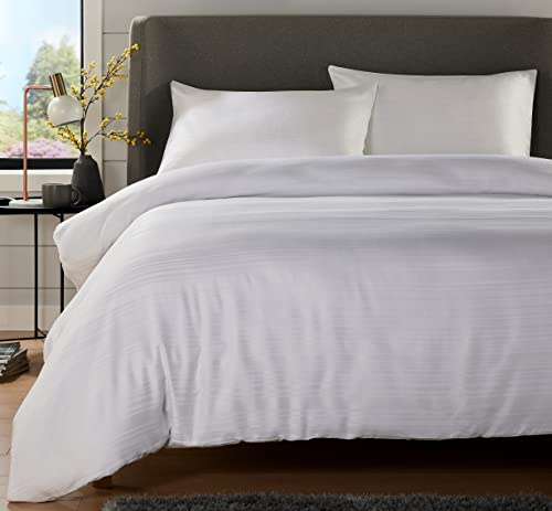 Olivia Rocco Stripe Jacquard Duvet Cover Set Cotton Blend Eco Friendly Easy Care Stylish Comforter Breathable Quilt Covers Reversible Bedding Bed Sets with Pillowcases, White Double