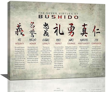 Japanischer Samurai-Wandkunst, 7 Tugenden, Bushido, inspirierende Bilder, Wanddekoration, japanischer Krieger, Leinwanddrucke, gerahmt, modernes Gemälde, Kunstwerk für Schlafzimmer, Büro, Wohnzimmer,
