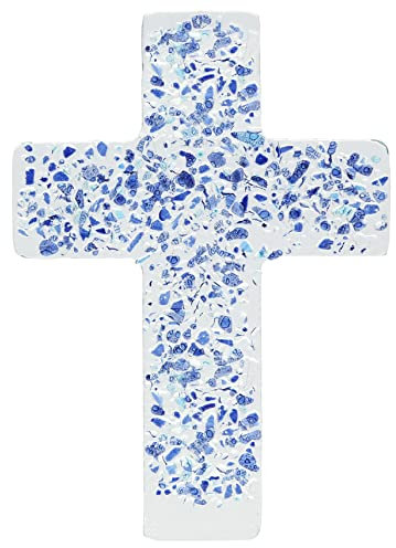 Lantelme Fusingglas Wandkreuz zum Aufhängen Farbig Blau 25cm x 19cm | Glas Kruzifix Fusing als Deko Geschenk zur Firmung Geburt Kommunion Taufe Dekoration | Christliches Glas Kreuz (Blau)