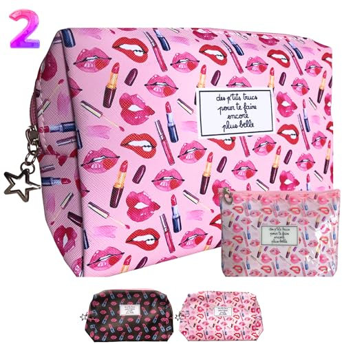 Set de 2 Trousses de Toilette ou Maquillage - Pochettes de Voyage ou Rangement - Trousses pour Femmes Filles (2 Grande Trousses: 23x16x9cm) Motif Maquillage (aleatorie)
